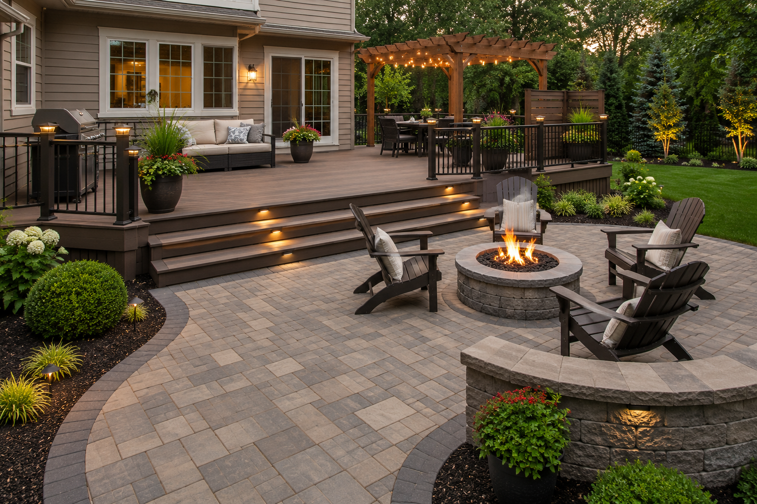 Custom paver patio with fire pit and deck built by Michigan Outdoor Creations in Walled Lake, Michigan
