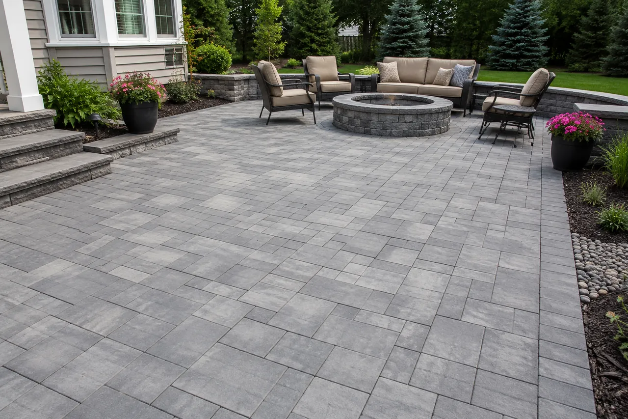 Completed paver patio with fire feature and seating built on a properly drained base in Walled Lake, MI