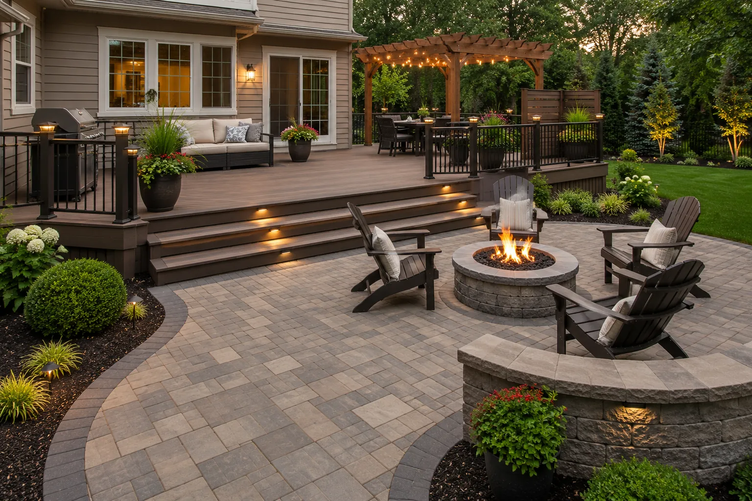 Custom paver patio with fire pit and deck built by Michigan Outdoor Creations in Walled Lake, Michigan